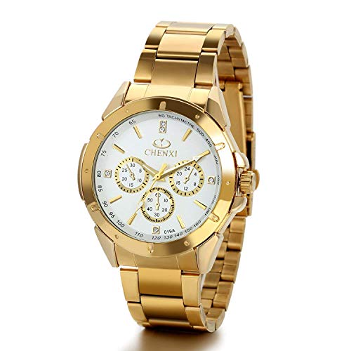 JewelryWe 腕時計メンズ 金 人気 ステンレスベルト アナログ ファション ウオッチ gold watch for men ゴールド ホワイト フォーマル ビジネス カジュアル プレゼント最適